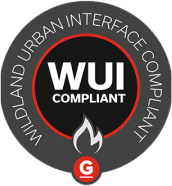 A black and white logo with the words " wildland urban interface compliant " in front of an image of a fire.