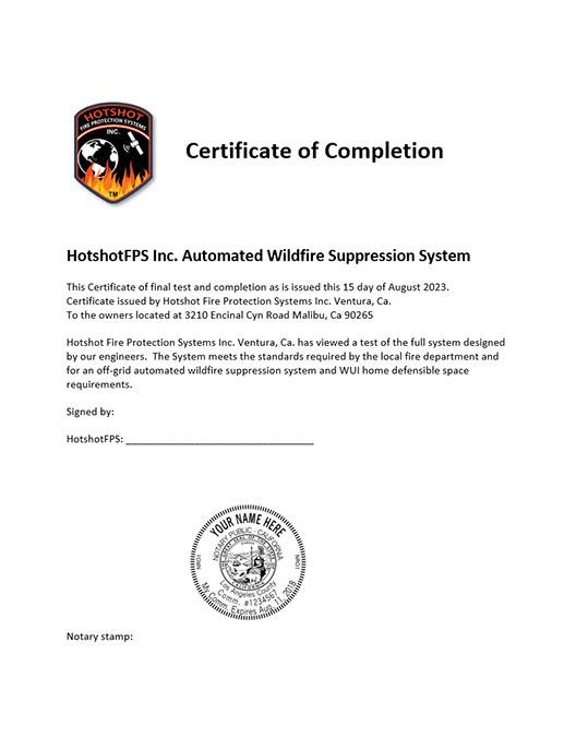 A certificate of completion for an automated wildlife suppression system.